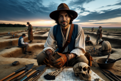 Arqueólogo trabajando en una excavación al atardecer.