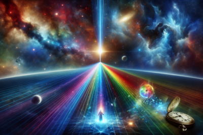 Paisaje cósmico con reloj y haz de luz multicolor.