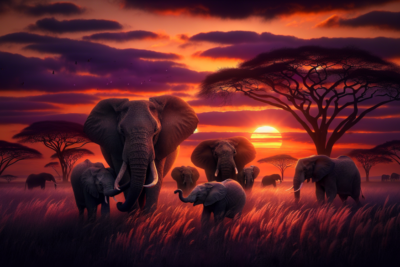 Elefantes al atardecer en sabana africana.