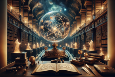 Biblioteca mágica con orbes astronómicos y estatuas luminosas.