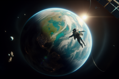 Astronauta flotando en el espacio cerca de la Tierra.