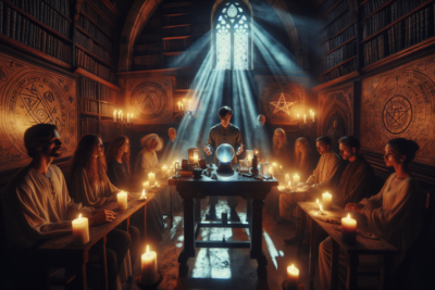 Reunión mística con esfera mágica en biblioteca antigua.