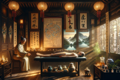 Sala tradicional china de acupuntura y relajación.