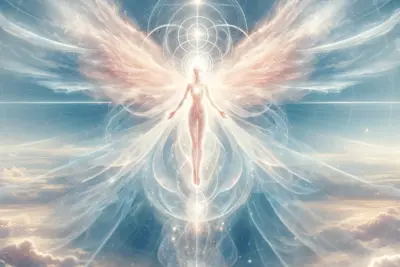 Ángel etéreo sobre nubes iluminadas, arte surrealista celestial.