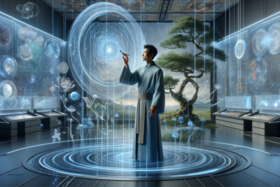 Hombre en laboratorio futurista con hologramas interactivos.