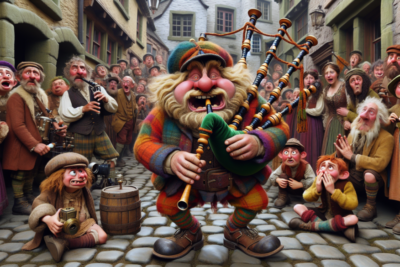 Gaitero animado tocando entre aldeanos asombrados en evento festivo.