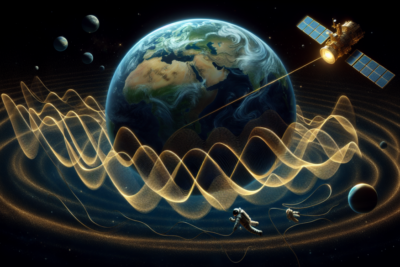 Tierra, ondas doradas, satélite y astronautas en espacio.