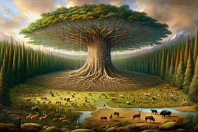 Árbol gigante con animales diversos y bosque frondoso.