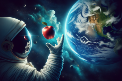 Astronauta tocando una manzana frente a la Tierra.