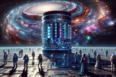 Astronautas y edificio futurista con galaxia de fondo.