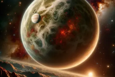Planeta gigante sobre paisaje montañoso estelar.
