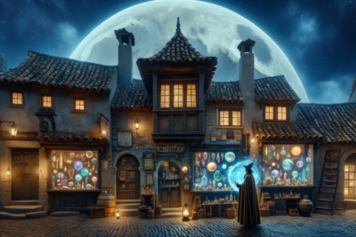 Callejón mágico con tiendas bajo una gran luna.