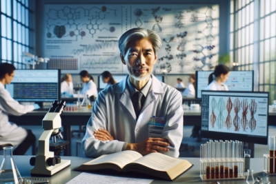 Científico asiático en laboratorio moderno con equipo avanzado.