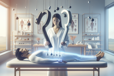 Terapia futurista con tecnología avanzada en clínica moderna.