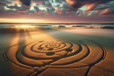 Campo con diseño de laberinto y amanecer neblinoso.