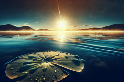 Amanecer mágico sobre lago tranquilo con nenúfares.