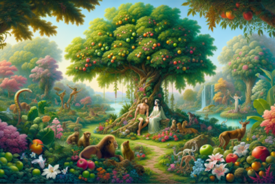 Pintura de Edén vibrante con fauna y flora diversa.