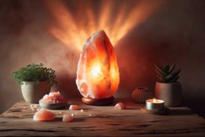 Lámpara de sal iluminada con velas y plantas.